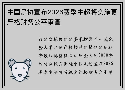 中国足协宣布2026赛季中超将实施更严格财务公平审查 中国足协宣布2026赛季中超将实施更严格财务公平审查