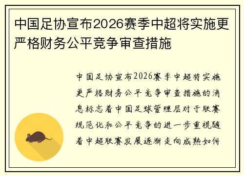 中国足协宣布2026赛季中超将实施更严格财务公平竞争审查措施 中国足协宣布2026赛季中超将实施更严格财务公平竞争审查措施
